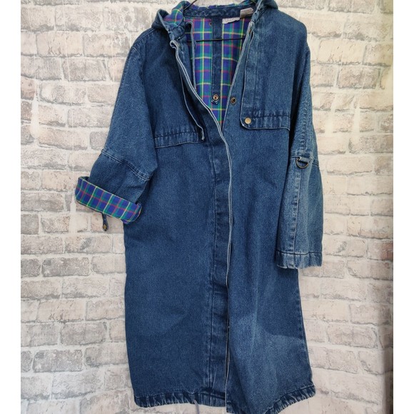 Vintage 90s Knee Length Denim Shacket Jacket Plaid Lining Medium Hoodie Cotton - Picture 1 of 8